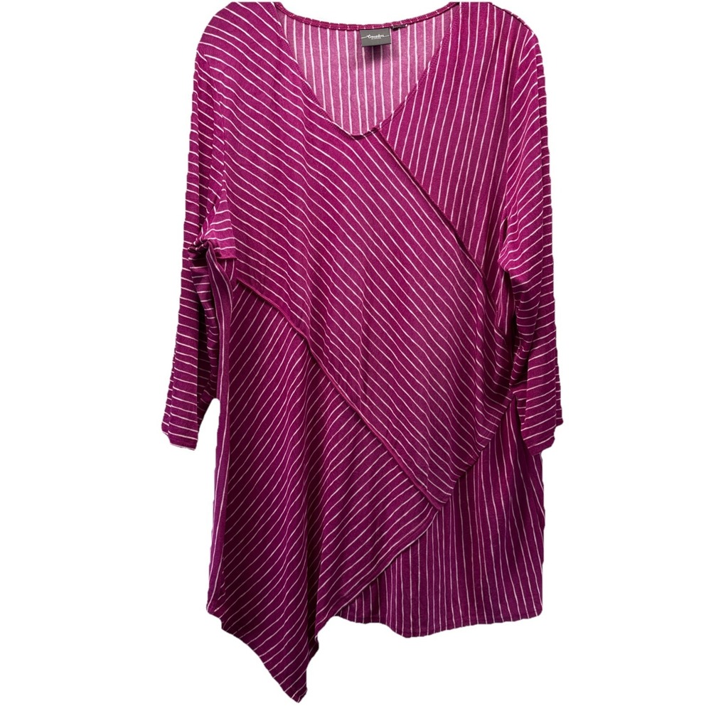 Chicos Travelers Women's Tunic Top Size Large Pink White Stripe Asymmetrical Hem